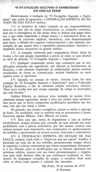 O documento oficial da Federação Espírita de São Paulo.